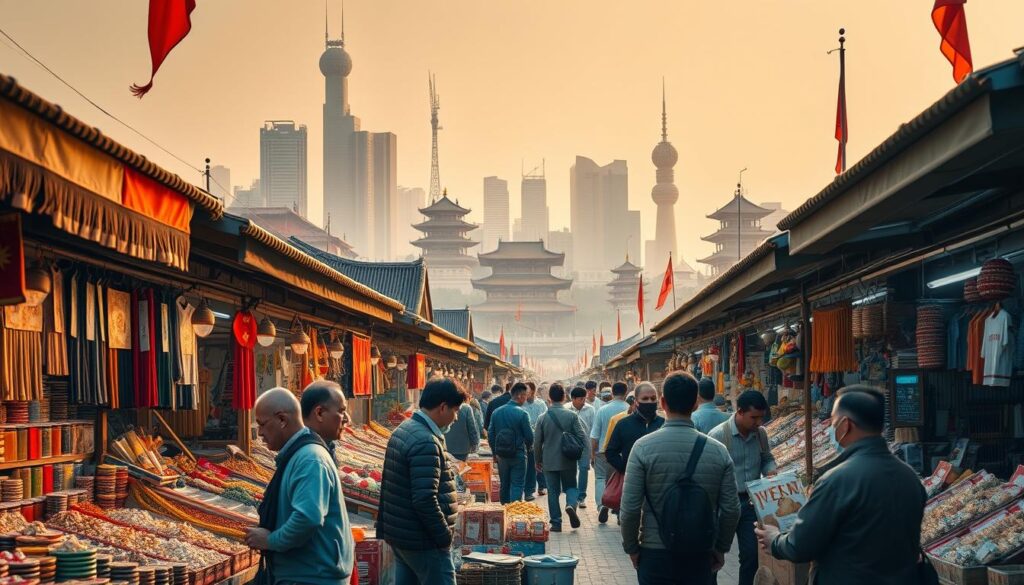 A bustling international market scene, with vibrant stalls displaying a diverse array of goods from around the world. In the foreground, Chinese merchants negotiate prices with foreign buyers, their expressions reflecting the delicate balance of risk and opportunity. The middle ground showcases an eclectic mix of textiles, spices, and electronics, all vying for attention. In the background, a towering skyline of modern high-rises and ancient pagodas, symbolizing the convergence of old and new. Warm, golden lighting casts a soft glow, creating an atmosphere of both tension and potential. The scene conveys the complexities of global trade, where political tensions and economic uncertainties converge, shaping the landscape of international commerce.