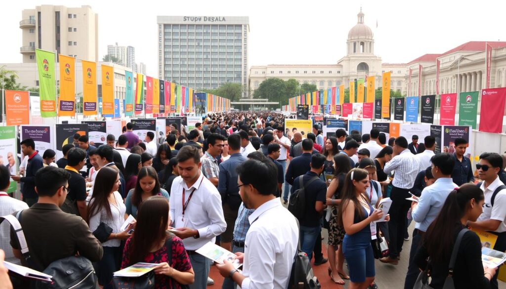 A bustling scene at a free international exchange fair in Brasilia, Brazil. In the foreground, groups of students and professionals mingle, exchanging ideas and information while examining brochures and pamphlets from various universities and study abroad programs. The middle ground features colorful banners and flags from participating institutions, creating a vibrant and inviting atmosphere. In the background, a mix of modern and historic architectural elements frames the event, suggesting the diverse cultural landscape of the city. Warm, diffused lighting casts a welcoming glow, and the overall composition captures the energy and excitement of this educational networking opportunity.