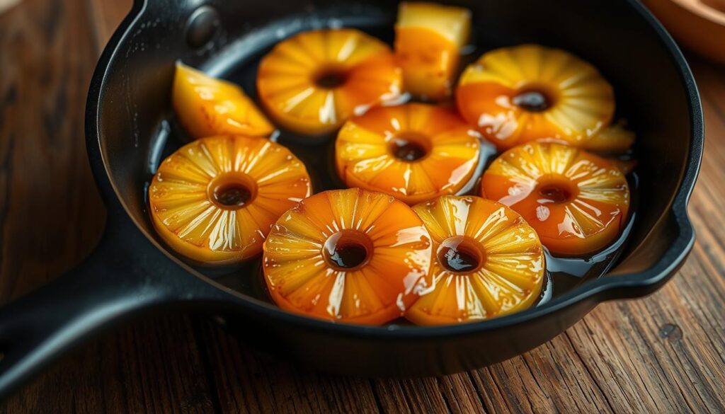 A close-up view of the caramelization process of fresh pineapple slices on a rustic wooden surface. The pineapple pieces are gently sizzling in a cast-iron skillet, their surfaces slowly transforming into a rich, golden-brown caramel glaze. Soft, warm lighting from above casts a cozy, homey atmosphere, highlighting the delicate textures and vibrant colors of the caramelized pineapple. The scene conveys the mouthwatering aroma and anticipated flavors of this essential step in crafting the perfect pineapple upside-down cupcake.