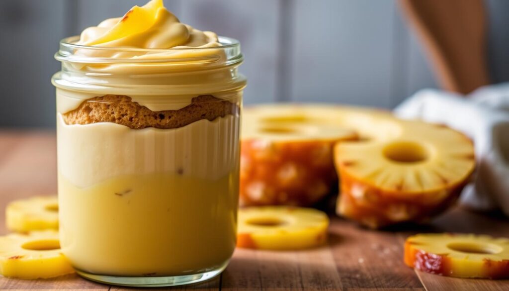 A creamy, indulgent cake in a jar, the "bolo de pote cremoso" stands as a tempting treat. In the foreground, the smooth, velvety batter fills a clear glass container, its rich, golden hue glistening under the soft, diffused lighting. Layers of moist sponge cake and lush, silky custard-like filling create a tantalizing visual. The middle ground features a scattering of fresh pineapple slices, their caramelized edges adding a subtle sweetness. The background evokes a cozy, homey atmosphere, with a wooden surface and a faint, blurred backdrop suggesting a simple, rustic kitchen setting. The overall scene conveys a sense of indulgence and effortless decadence, perfectly capturing the essence of the "bolo de pote cremoso" recipe.
