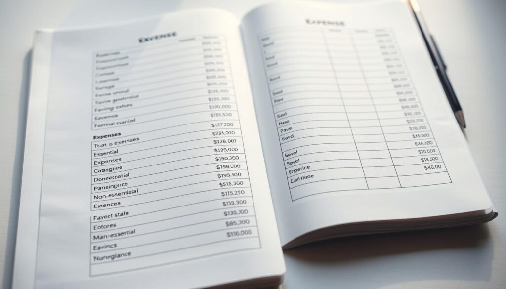 A neatly organized financial ledger with crisp, clean lines and geometric patterns. The pages are filled with meticulously recorded expenses, categorized into essential and non-essential, with a balance sheet illustrating the savings potential. Soft, diffused lighting casts a serene glow, emphasizing the careful planning and discipline. The composition is centered, with the ledger taking up the majority of the frame, conveying the importance of this financial management system. The overall mood is one of control, clarity, and the promise of financial security.