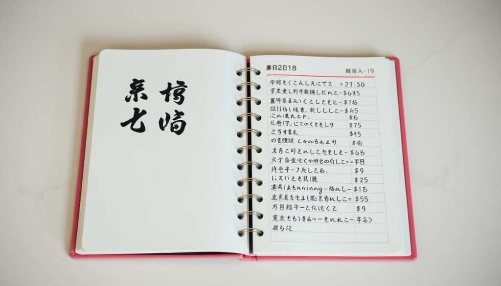 A neatly organized notebook with a Japanese-inspired cover, displaying the text "Kakebo" in stylized calligraphy. On the open pages, handwritten entries in elegant penmanship detail financial records and budgeting categories, evoking a sense of mindful money management. The image is set against a soft, muted background, creating a serene, contemplative atmosphere that reflects the principles of financial education through the Kakebo method.