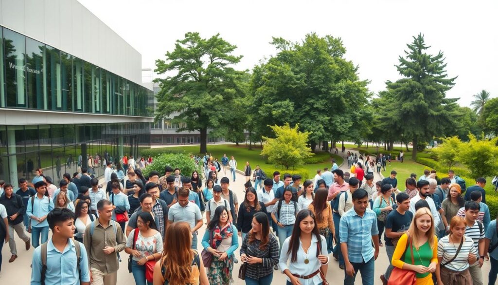 A panoramic view of a bustling university campus, captured with a wide-angle lens. In the foreground, diverse students from around the world mingle and converse, their vibrant attire and animated gestures conveying the international atmosphere. In the middle ground, modern architecture with glass facades and sleek lines reflects the cutting-edge facilities. The background features lush, verdant landscaping with towering trees, creating a serene and inviting environment. Warm, diffused lighting casts a welcoming glow, and the overall scene radiates a sense of intellectual curiosity, global collaboration, and academic excellence.