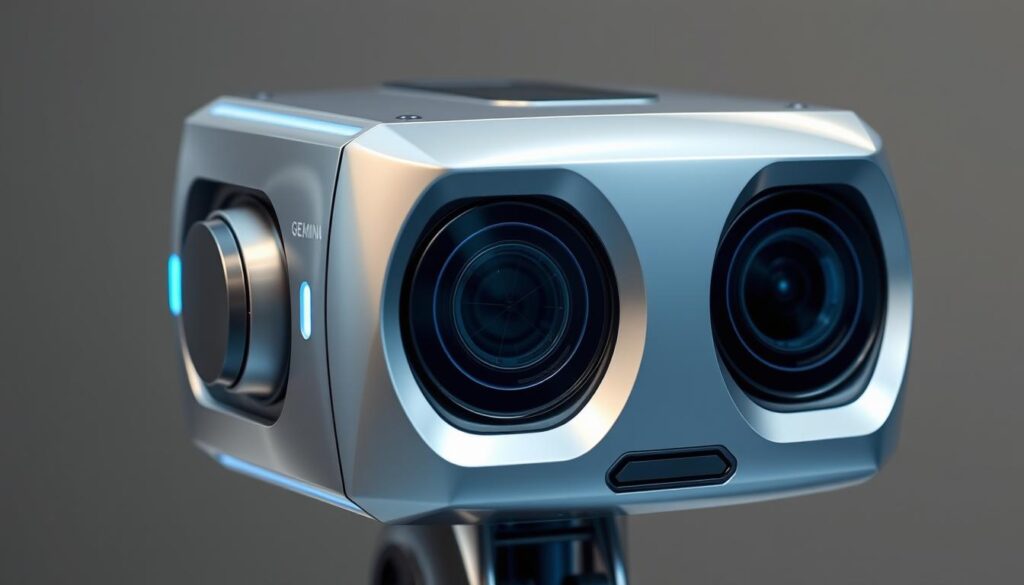A sleek and advanced Gemini IA unit, its form a seamless blend of gleaming metal and precise algorithms. The unit's binocular camera eyes survey the world with unwavering focus, capturing rich visual data to be processed by its powerful neural networks. Soft blue accent lights trace the contours of the device, hinting at the complex computational processes unfolding within. The Gemini IA stands poised, ready to push the boundaries of computer vision and AI, offering a glimpse into the future of intelligent technology.