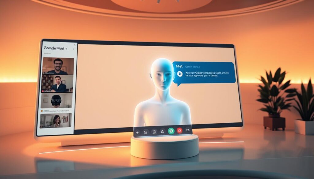 A sleek, futuristic Google Meet interface with the Gemini AI assistant prominently displayed. The interface features a clean, minimalist design with a large video conferencing window, sidebar controls, and an AI chat panel. The Gemini AI avatar is positioned in the center, a glowing holographic figure radiating an aura of intelligence and approachability. Warm, diffused lighting bathes the scene, creating a sense of modern sophistication. The overall atmosphere conveys a seamless, user-friendly integration of advanced AI technology into everyday digital communication.