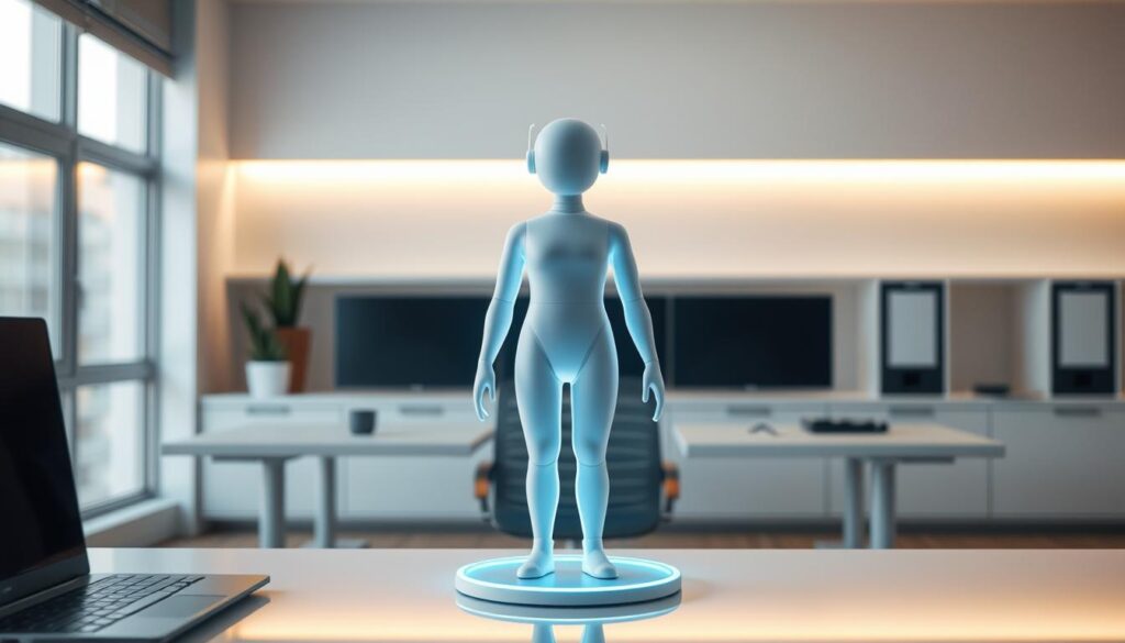 A sleek, virtual assistant appears before a user, seamlessly integrated into their digital workspace. The assistant's holographic figure stands poised, ready to respond to voice commands and queries with natural language processing. The scene is bathed in a warm, inviting glow, creating a sense of productivity and ease. In the background, a minimalist office setting with clean lines and muted tones provides a calming, focused environment. The overall composition conveys the intelligent, practical, and unobtrusive nature of the Google Gemini IA assistant, ready to enhance the user's workflow and productivity.