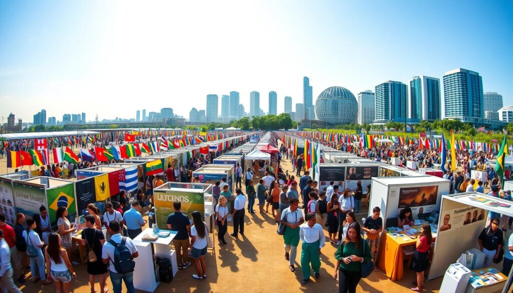 A vibrant, bustling university exchange fair in Distrito Federal, Brazil. An expansive, sun-drenched outdoor venue with booths and displays from universities around the world. In the foreground, groups of students and prospective exchange participants excitedly converse and browse informational materials. The middle ground reveals a diverse mix of international flags and banners, creating a colorful, welcoming atmosphere. In the background, a modern city skyline with gleaming high-rises serves as a dynamic backdrop. The scene is captured with a wide-angle lens, conveying a sense of energy, discovery, and global connectivity.