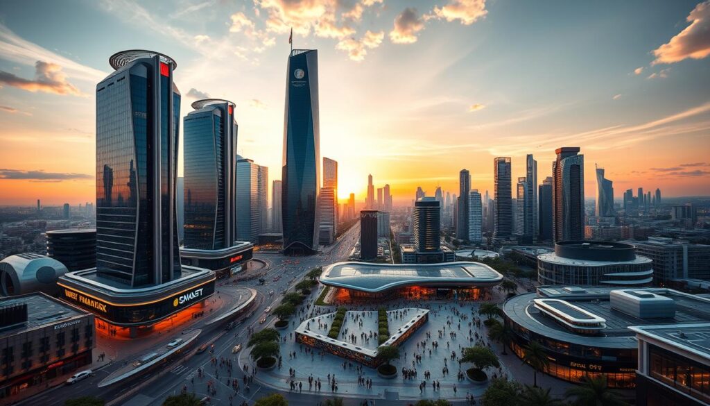 A vibrant, futuristic cityscape at sunset, showcasing the dynamic financial landscape of 2025. Towering skyscrapers adorned with sleek, contemporary architecture stand tall, their glass facades reflecting the warm glow of the setting sun. In the foreground, a bustling street scene unfolds, with pedestrians and vehicles navigating the urban landscape. The middle ground features a sprawling investment plaza, where investors, brokers, and analysts converge, engaging in a flurry of activity. The background is dominated by a sweeping, panoramic view of the city, its skyline punctuated by innovative, high-tech buildings that embody the cutting edge of investment strategies for the year 2025.