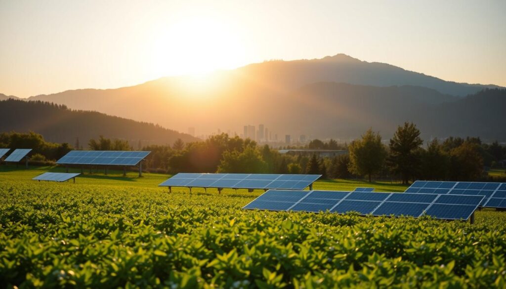 A vibrant, sustainable investment landscape. In the foreground, a lush, verdant field dotted with solar panels, symbolizing renewable energy. In the middle ground, a modern, energy-efficient city skyline, reflecting a commitment to green infrastructure. In the background, a serene, sun-dappled mountain range, conveying a sense of environmental harmony. The scene is bathed in warm, golden light, evoking a spirit of optimism and prosperity. The composition is crisp, with a focus on clean lines and balanced symmetry, mirroring the principles of sustainable investing. The overall mood is one of progress, innovation, and a harmonious coexistence between human endeavors and the natural world.