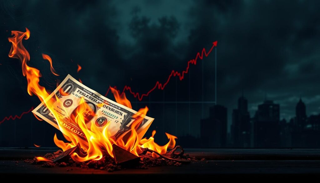 Prompt A vibrant, dynamic image depicting the interplay between inflation and the US dollar. In the foreground, a tumbling dollar bill surrounded by rising flames, conveying the sense of currency devaluation. In the middle ground, a chart depicting the upward trajectory of inflation rates, with jagged lines and bold numbers. In the background, a shadowy, ominous cityscape, hinting at the broader economic uncertainty. The scene is illuminated by a harsh, directional light, casting dramatic shadows and adding to the sense of tension and unease. The overall mood is one of concern and instability, reflecting the complex relationship between inflation and the dollar.