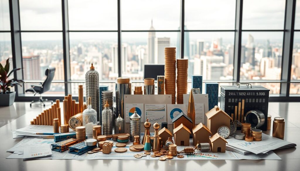 Strategies for Investment Diversification: a meticulously crafted image showcasing a range of financial instruments against a backdrop of charts, graphs, and a sleek modern office setting. The foreground features a diverse portfolio of assets - stocks, bonds, commodities, real estate - arranged in a visually striking composition. The middle ground depicts analytical tools and research materials, hinting at the careful planning and due diligence behind the diversification strategy. The background establishes an atmosphere of sophisticated professionalism, with floor-to-ceiling windows offering a panoramic view of a bustling metropolis. Warm, directional lighting accentuates the clean, minimalist aesthetic, conveying a sense of confidence and control over one's financial future.